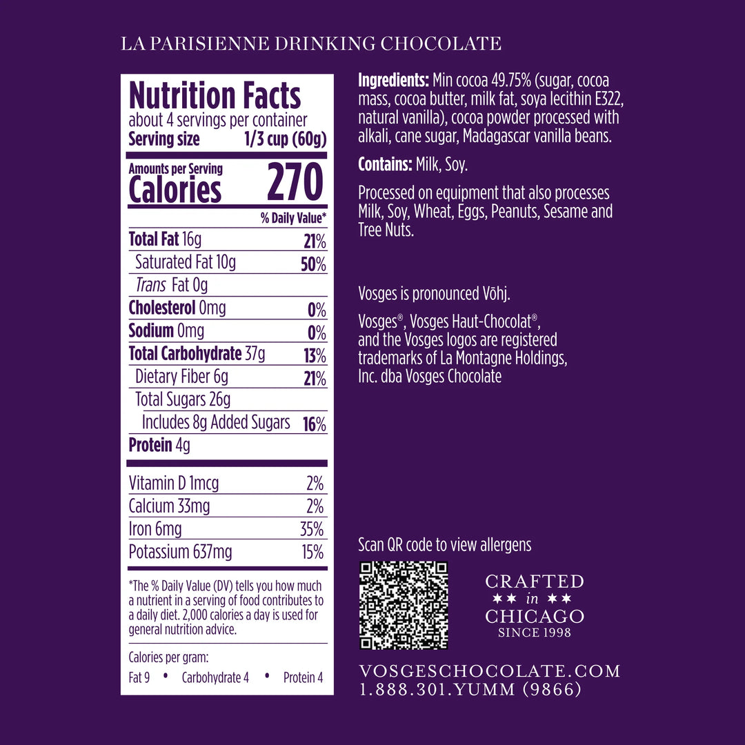 Nutrition facts and ingredients panel for La Parisienne drinking chocolate