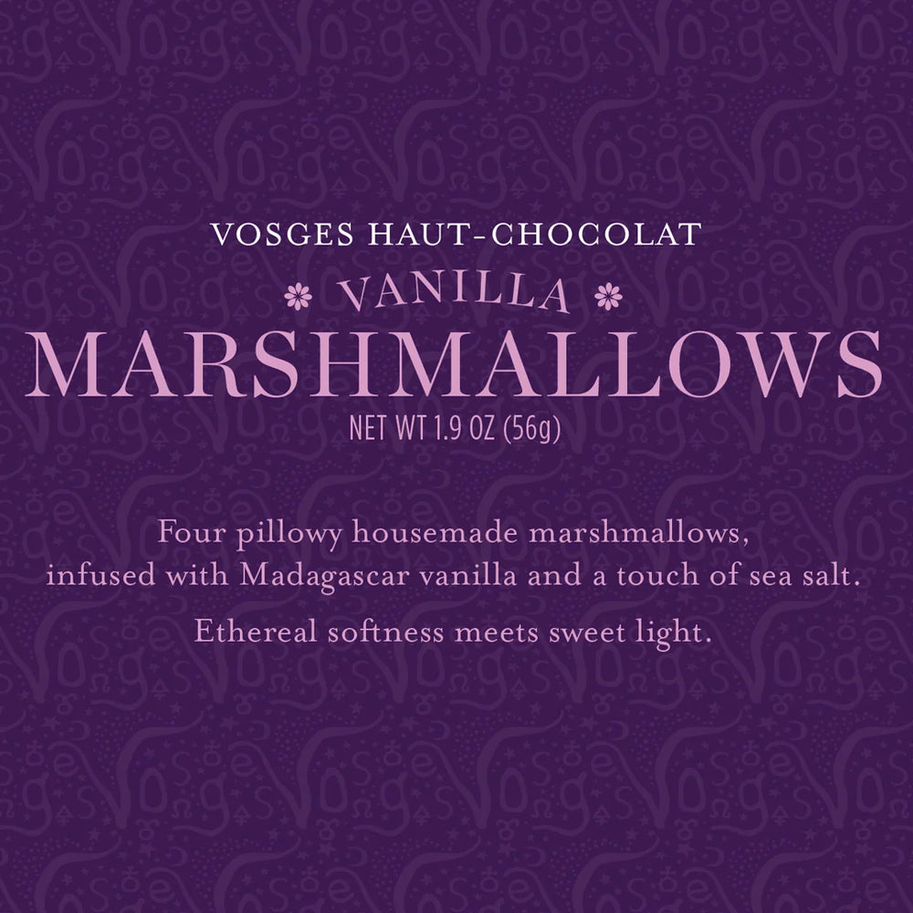 Purple Vosges Vanilla Marshmallows package label, net weight 1.9 oz