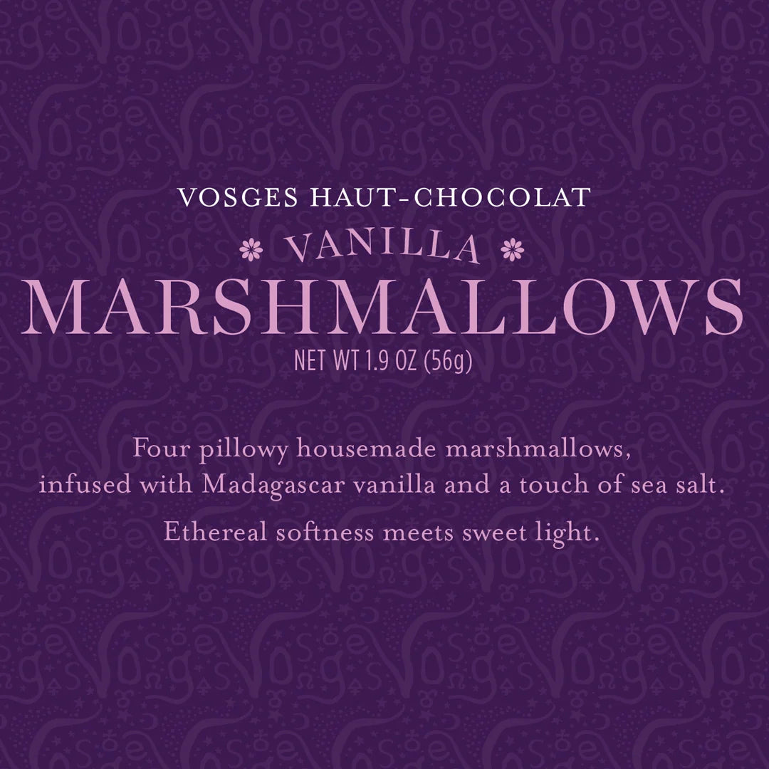 Purple Vosges Vanilla Marshmallows package label, net weight 1.9 oz