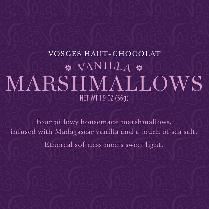 Purple Vosges Vanilla Marshmallows package label, net weight 1.9 oz