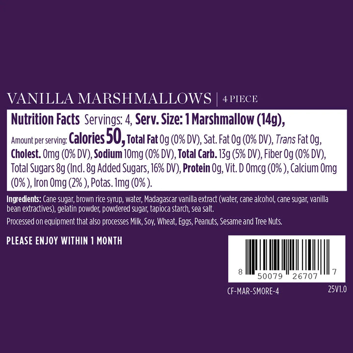 Nutrition facts and ingredients label for the vanilla marshmallows