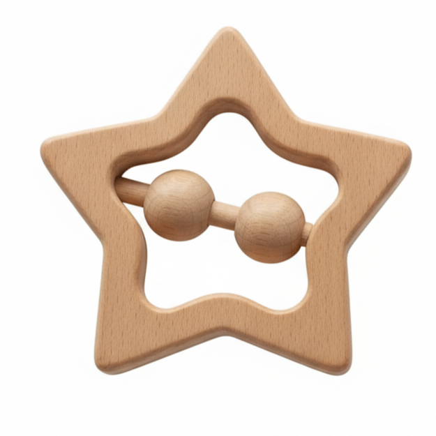 Star Beech Wood Teething Rattle