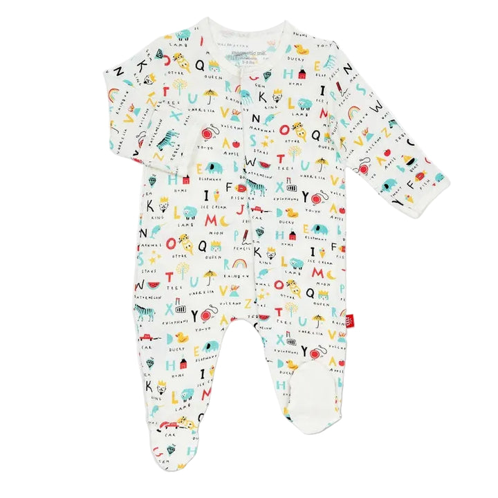 White baby footie pajamas with colorful alphabet and illustration print, long sleeves, and covered feet