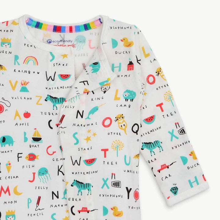Alphabet print baby footie pajamas with colorful letters and playful illustrations