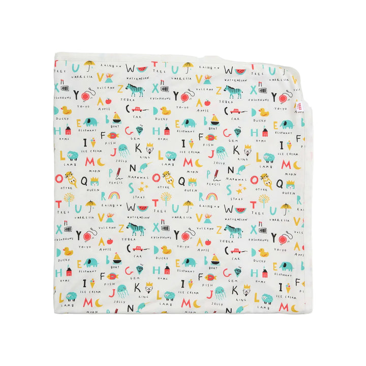 Alphabet print baby swaddle blanket with colorful animal and object illustrations