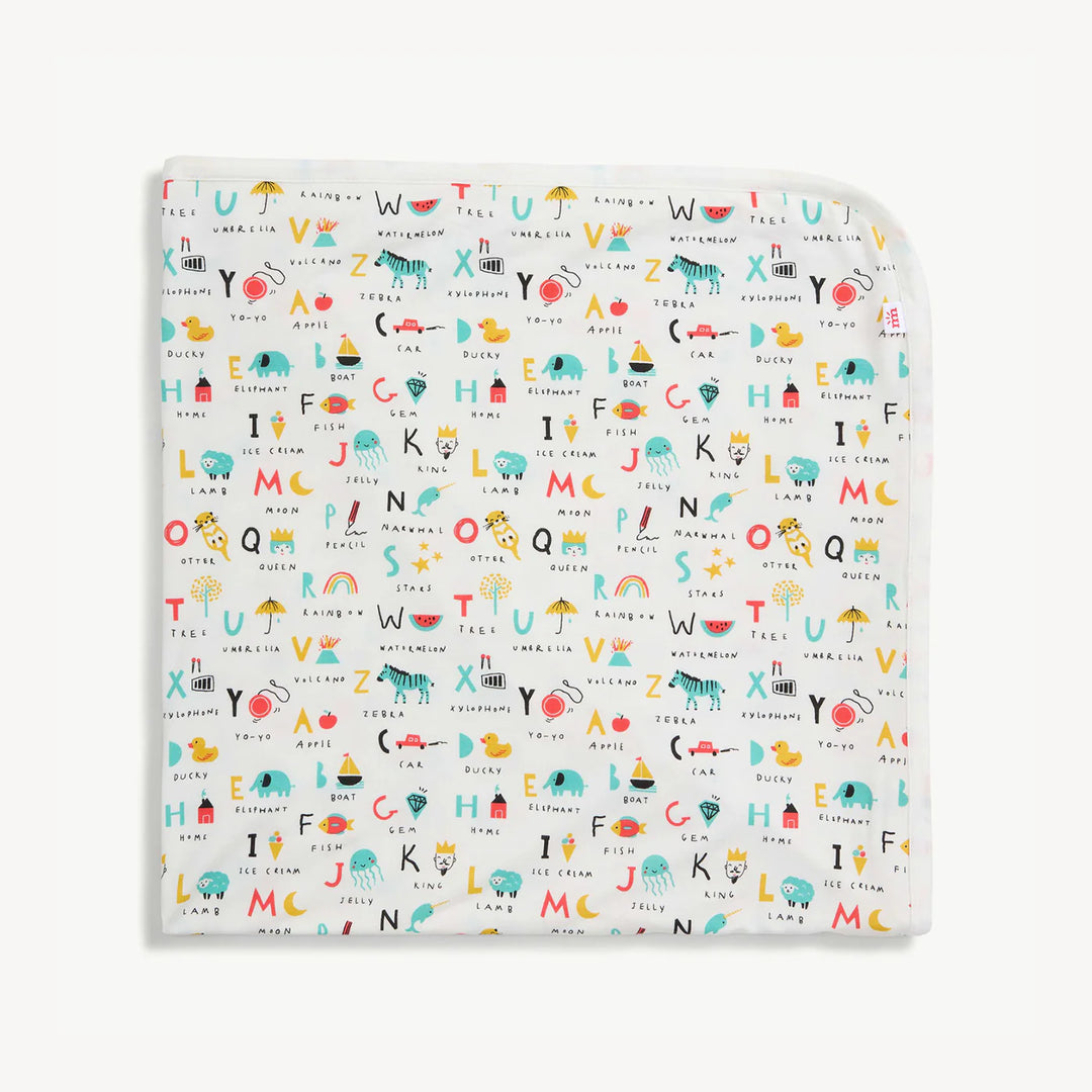 Alphabet print baby swaddle blanket with colorful letters and playful illustrations