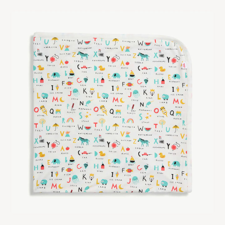 Alphabet print baby swaddle blanket with colorful letters and playful illustrations