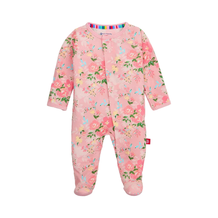Pink floral baby footie sleeper with long sleeves and closed feet, displayed flat