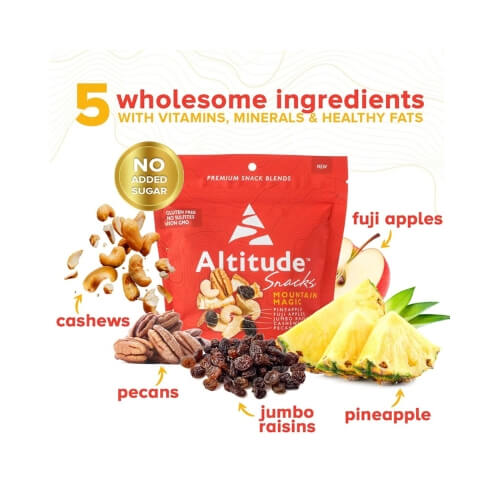 Altitude Snacks Mountain Magic red pouch with cashews, pecans, jumbo raisins, Fuji apple and pineapple