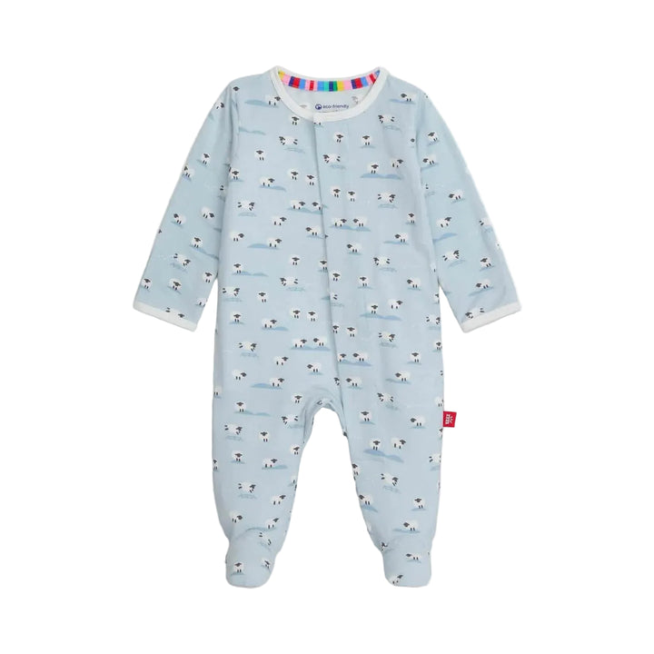 Blue baby footie pajamas with white sheep print, full-length sleeves and covered feet