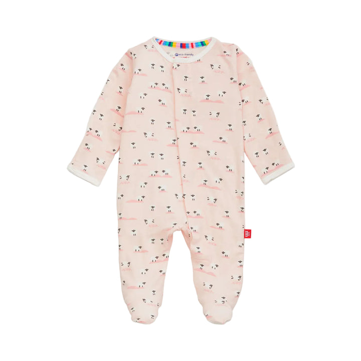 Pink baby footed sleeper with sheep print and magnetic closure, laid flat on white background