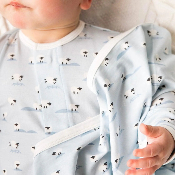 Baby wearing light blue blanket and outfit with sheep print, close-up view