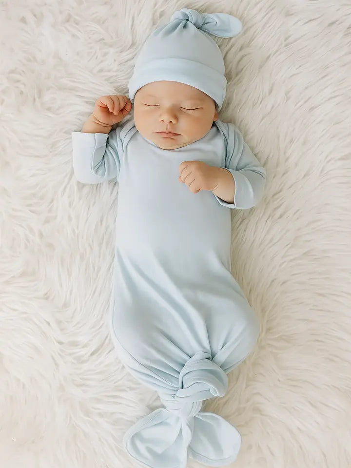 Bamboo Knotted Baby Gown & Beanie - Blue