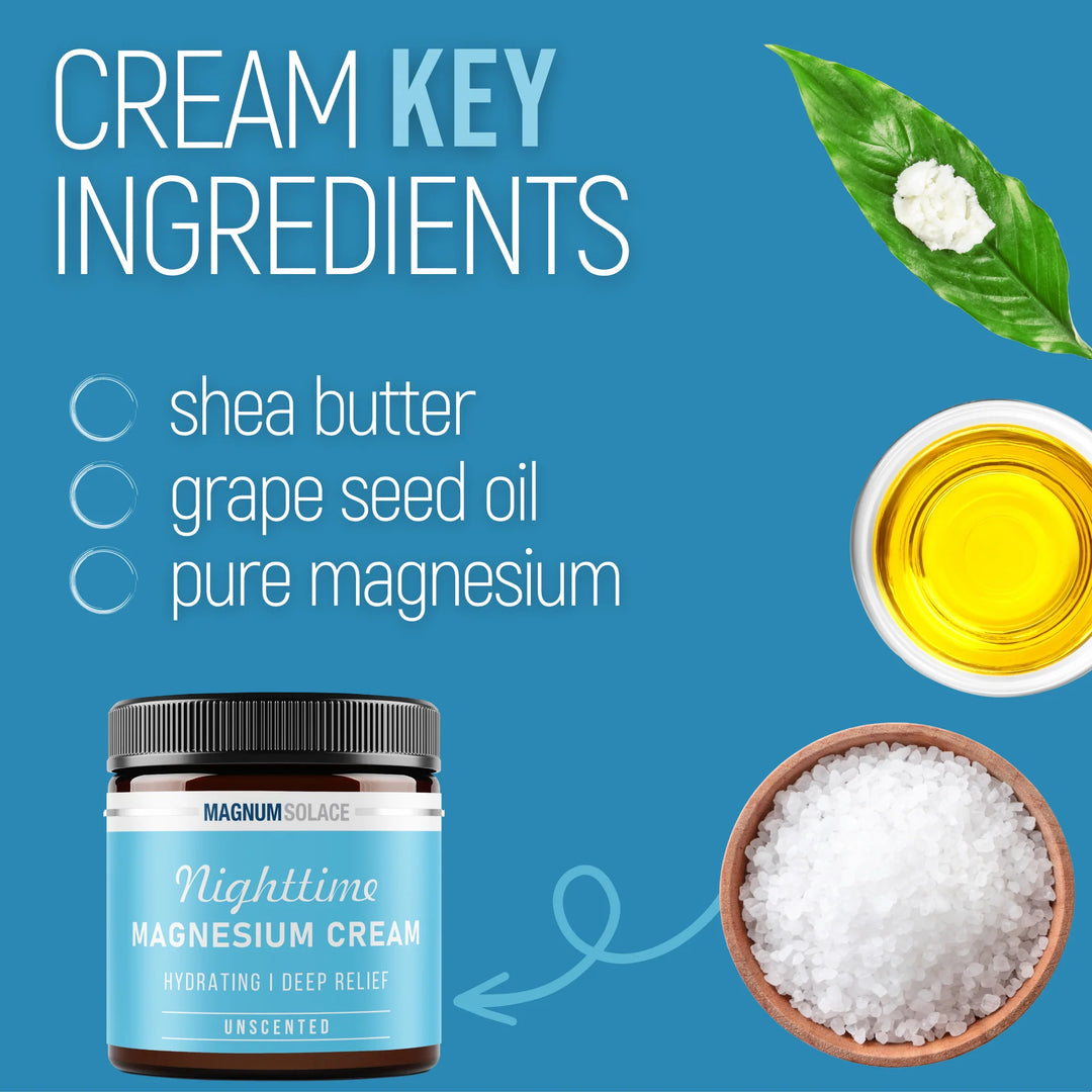 Nighttime magnesium cream jar with shea butter, grape seed oil, and magnesium salt