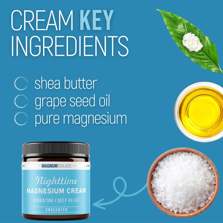 Nighttime magnesium cream jar with shea butter, grape seed oil, and magnesium salt