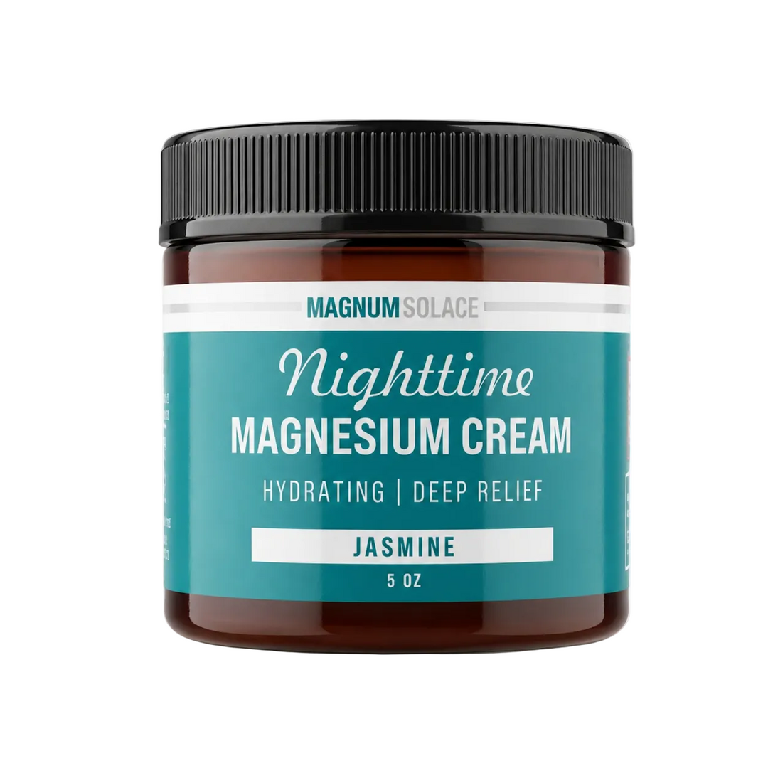 Nighttime magnesium cream jar with jasmine scent, teal label, and black lid