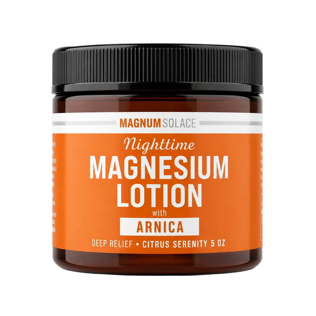 Amber jar of nighttime magnesium lotion with arnica and citrus serenity label