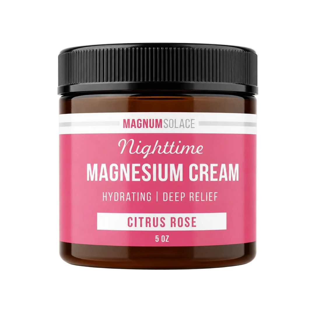 Nighttime magnesium cream jar with black lid and pink citrus rose label