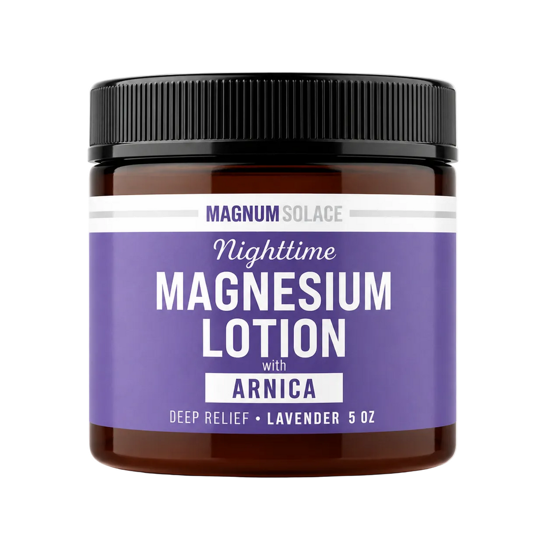 Nighttime magnesium lotion jar with arnica and lavender, brown container, black lid