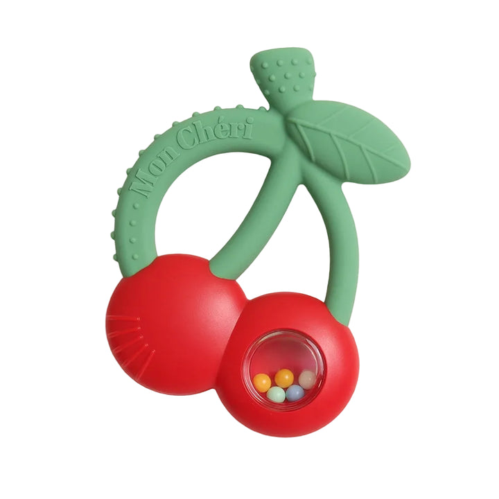 Cherry-shaped silicone baby teether with green leaves and colorful beads for gifting