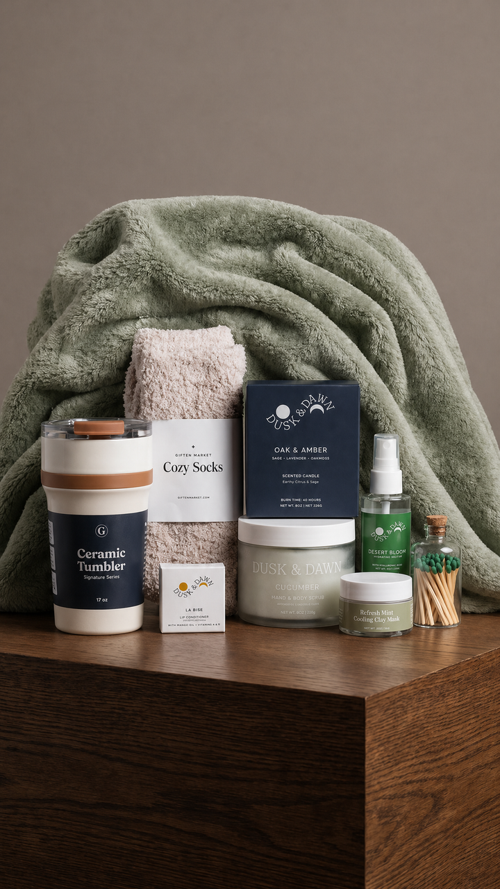 Gift box with sage green blanket, cozy socks, candle, tumbler, skincare, and matches