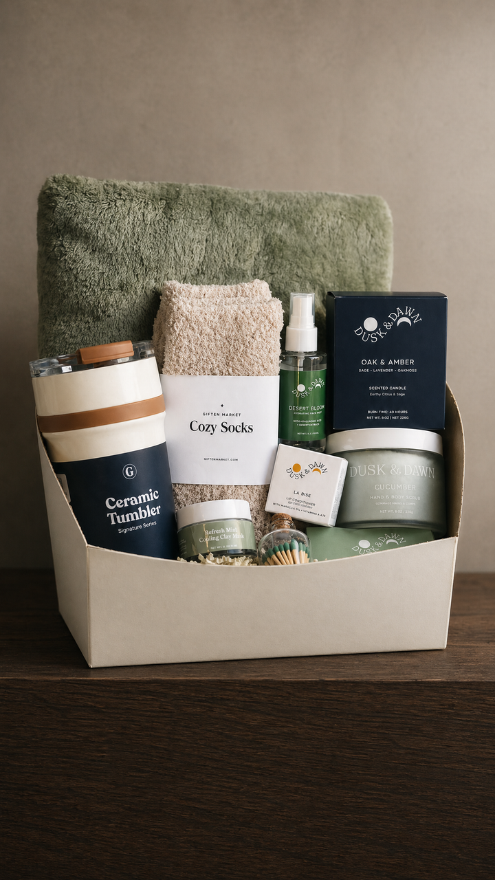 Gift box with green blanket, ceramic tumbler, cozy socks, candle, matches, and spa essentials