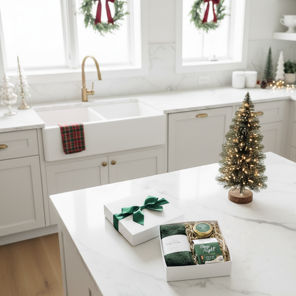 Kitchen with Christmas decorations, including a small tree and gift boxes on the island.