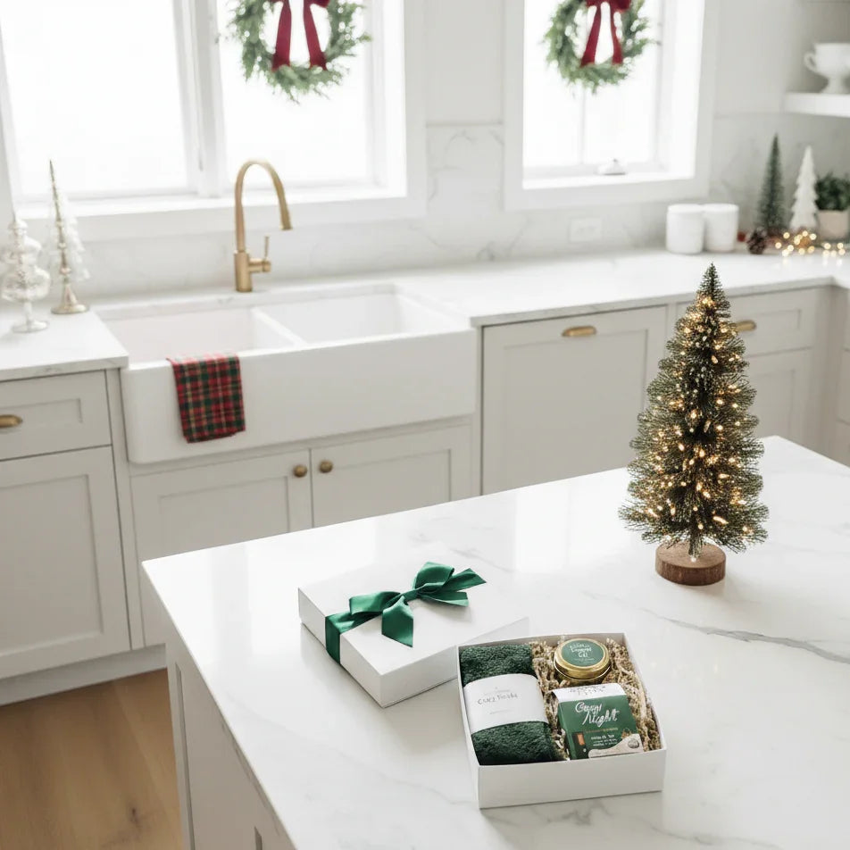 Kitchen with Christmas decorations, including a small tree and gift boxes on the island.