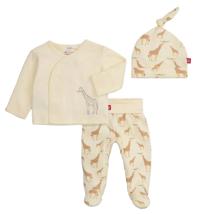 Cream baby clothing set with giraffe print, including hat, pants, and wrap top