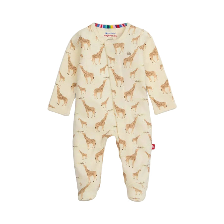 Cream baby footie pajamas with giraffe print, long sleeves, and magnetic closure