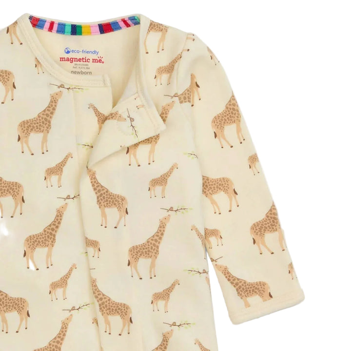 Cream baby footie with all-over giraffe print and colorful neck trim