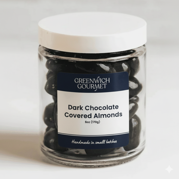 Jar of Greenwich Gourmet dark chocolate covered almonds on a white background