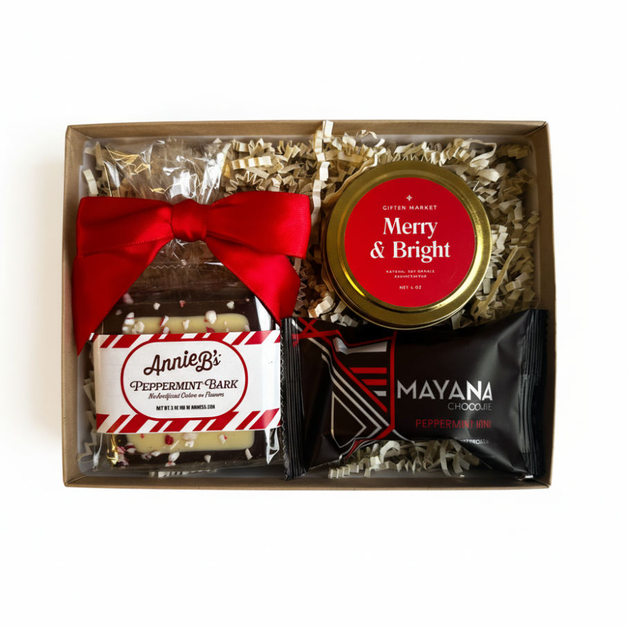 Peppermint Mini Gift Box with peppermint bark, artisan chocolate, and Merry & Bright candle.