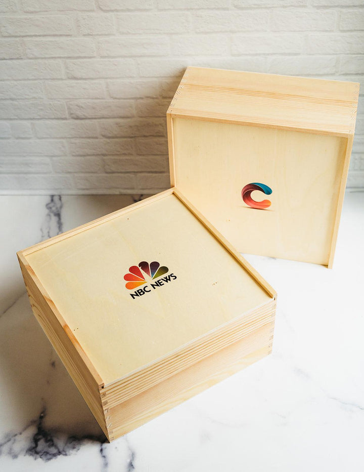 Custom Logo Wooden Gift Crate - Luxury Branded Gift Packaging - 10x10x5"