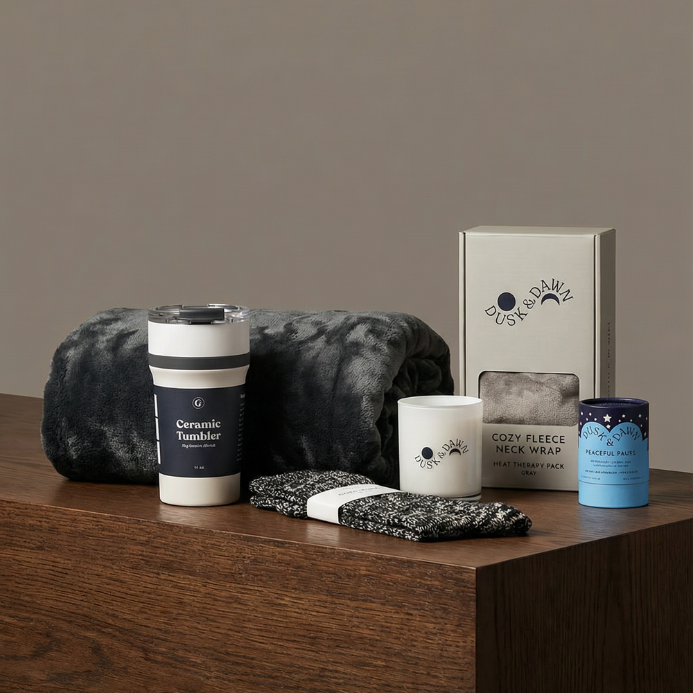 Collection of products including a coffee cup, candles, and packaging on a wooden surface with a neutral background.