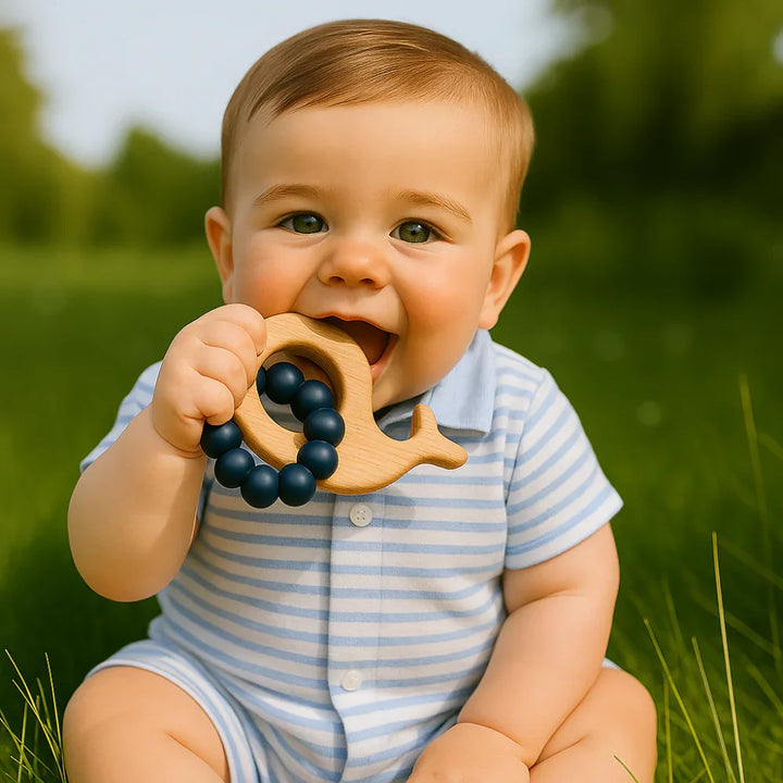 Navy Whale Silicone & Beechwood Baby Teether