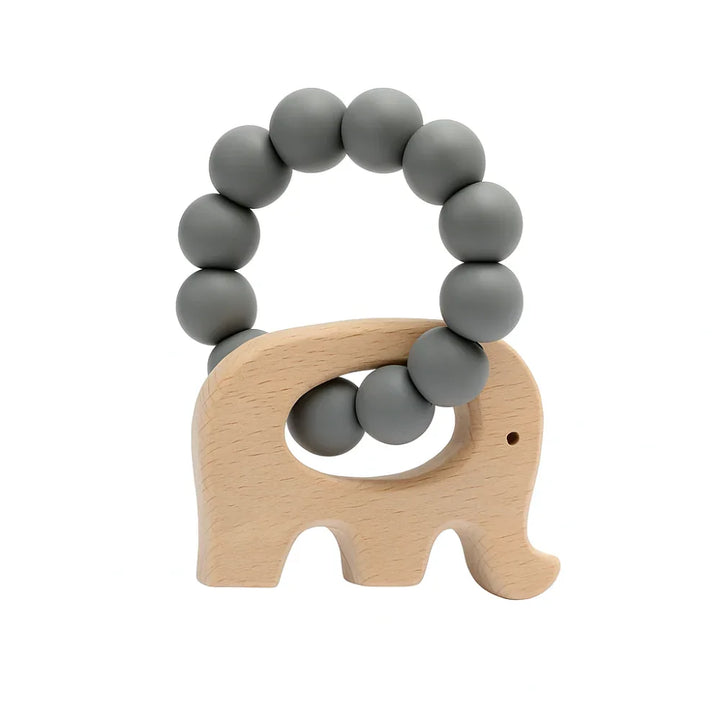 Gray Elephant Silicone & Beechwood Baby Teether