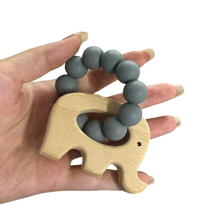 Gray Elephant Silicone & Beechwood Baby Teether