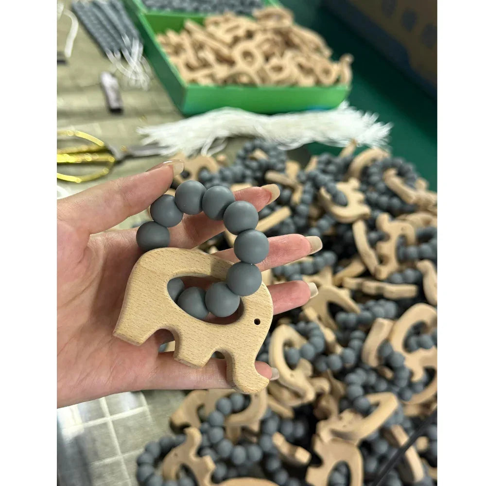 Gray Elephant Silicone & Beechwood Baby Teether