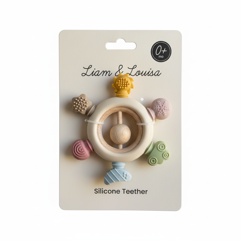 Silicone teether with colorful designs on a Liam & Louisa packaging