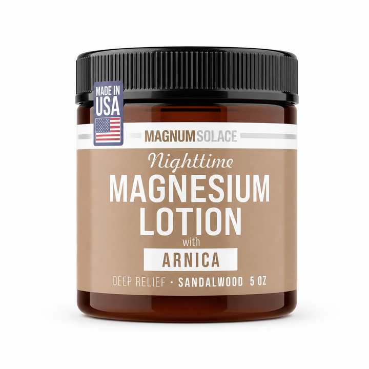 Amber jar of sandalwood magnesium lotion with black lid and visible USA label