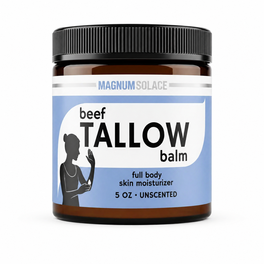 Amber jar of unscented beef tallow balm, full body skin moisturizer with black lid