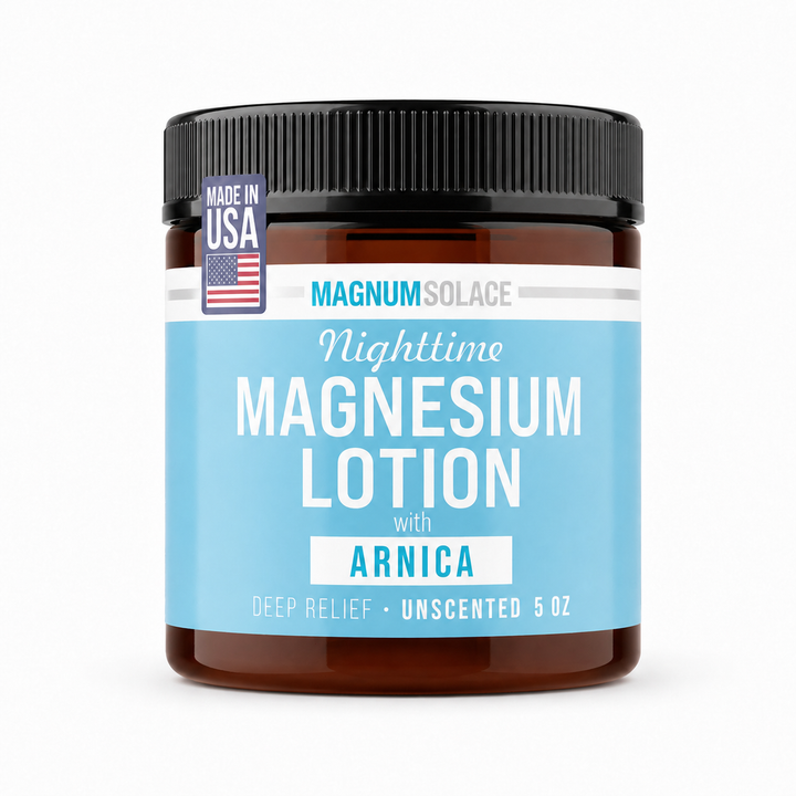 Amber jar of nighttime magnesium lotion with arnica, blue label, black lid, 5 oz size