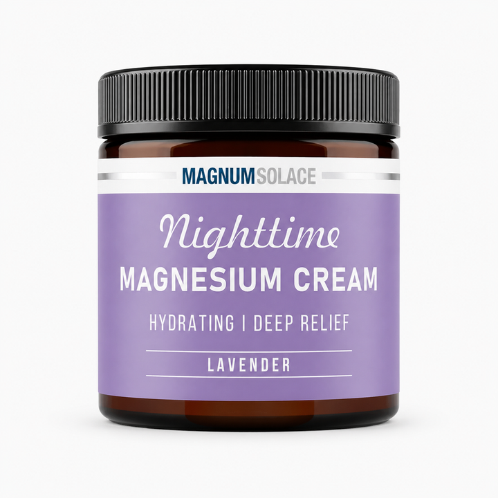 Lavender nighttime magnesium cream in an amber jar with a black lid and purple label