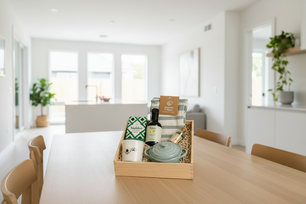 Coastal Kitchen Gift Crate with Maldon sea salt, lemon olive oil, Turkish kitchen towels, stoneware cocotte, soy candle, and apothecary matches.