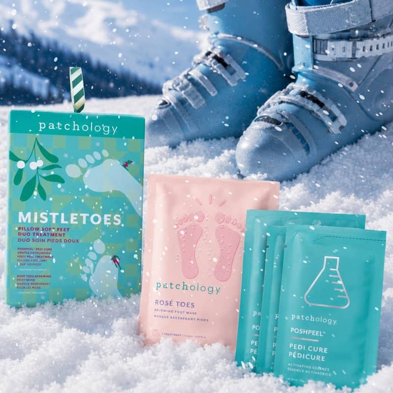 Mistletoes foot peel and mask set displayed in snow