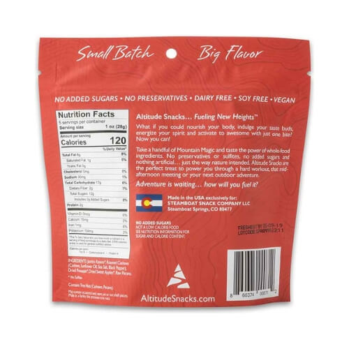 Back of the Altitude Snacks Mountain Magic pouch with nutrition facts