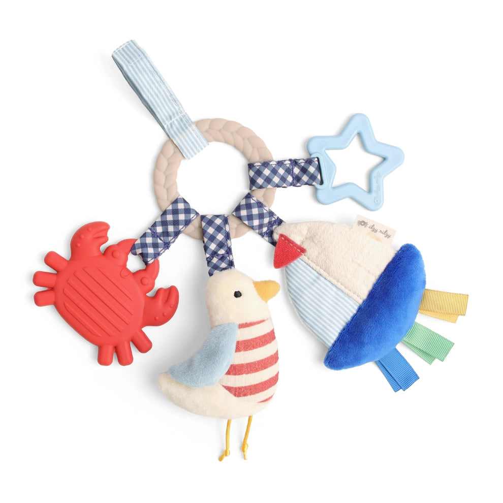 Nautical baby activity toy ring with plush bird, crab teether, and star-shaped rattle