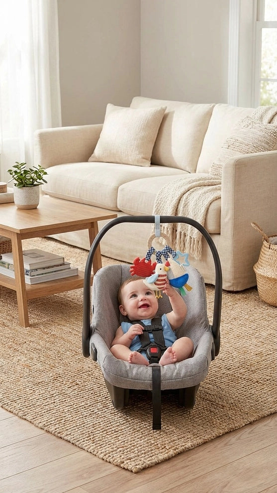 Baby in car seat playing with nautical-themed activity toy, plush animals, neutral living room