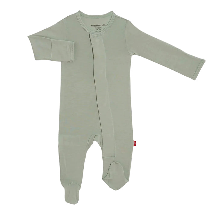 Seafoam green baby sleeper with magnetic closure and footed design, laid flat on white background
